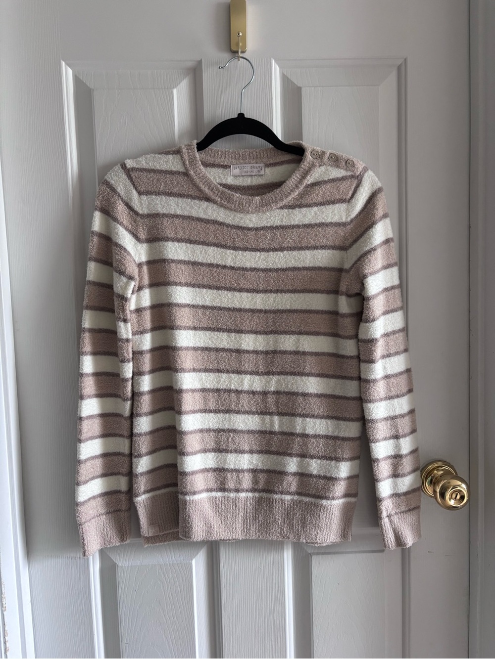 Barefoot Dreams CozyChic Lite Lurex Striped Pullover Sweater Taupe Cream